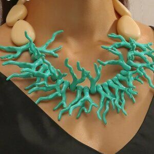 Turquoise Coral & Cream Beaded Chain Bohemian Bib Necklace - NEW